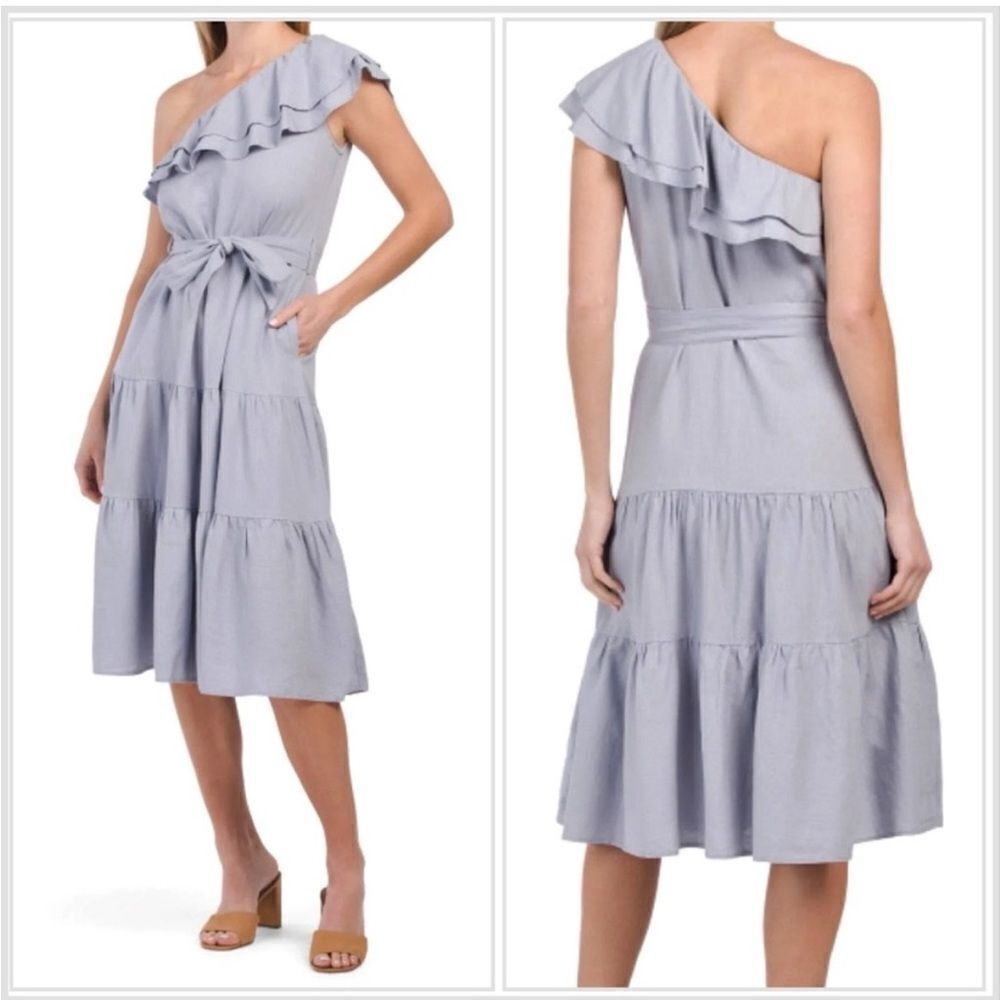 NWT Nicole Miller Asymmetrical One Shoulder Linen Tiered Midi Dress size XL